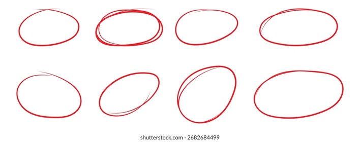 Círculos rojos del punto culminante, sistema del doodle del Vector, óvalos dibujados a mano aislados