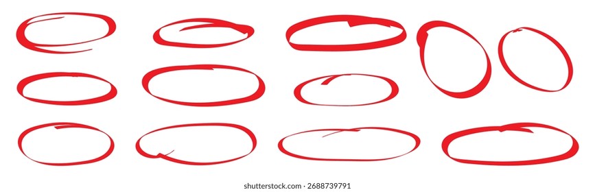 Rote Markierungskreise, Vektordoodle-Set, einzelne handgezeichnete Ovale