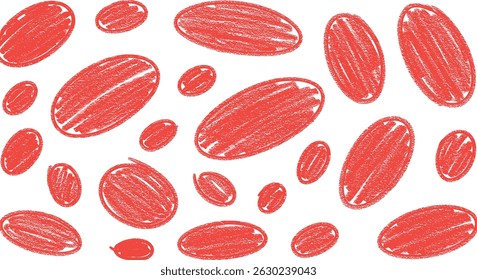 Red highlight oval crayon or chalk shapes set. Sketchy pencil or marker hand drawn rough ellipse circles