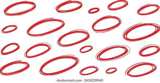 Red highlight oval crayon or chalk shapes set. Sketchy pencil or marker hand drawn rough ellipse circles