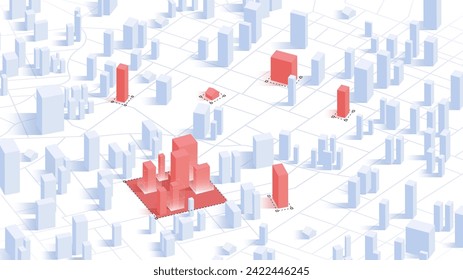 Red highlighted commercial buildings. Residential house reconstruction, city renovation. Old buildings modernization, construction modernization solutions concept. Vector illustration