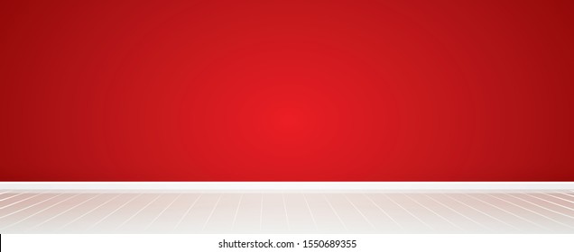 Red highlighted wall background and white wooden floor with copy space for text. abstract interior background