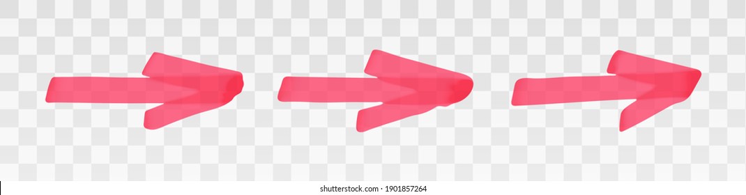 Red highlighter arrow set isolated on transparent background. Marker pen highlight underline strokes. Vector hand drawn graphic stylish element