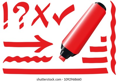 Red highlighter. Bright red marker pen plus strokes and signs like call sign, question mark, tick mark and arrow. Isolated vector illustration on white background.