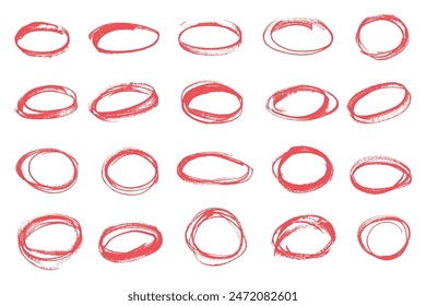 Red highlighter circle. Doodle marker oval circles. Red grunge ovals and circles for highlighting 