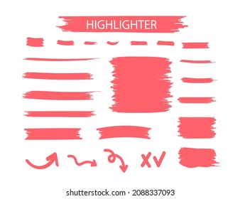 Red Highlighter Marker Strokes. Yellow watercolor hand drawn highlight set