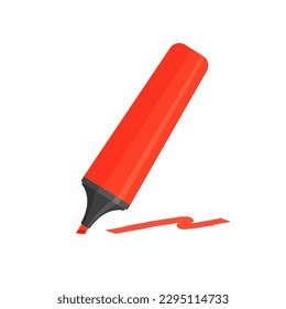 Red highlighter with markings. Neon colored pen for highlight text. Vector illustration in trendy flat style isolated on white background.