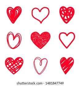 Red highlighter scribble hearts. Hand drawn heart set, pen scribbly simple vector abstract red love markers isolated on white background