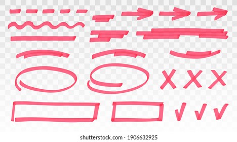 Red highlighter set - lines, arrows, crosses, check, oval, rectangle isolated on transparent background. Marker pen highlight underline strokes. Vector hand drawn graphic stylish element