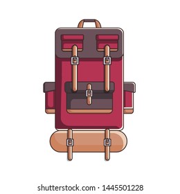 Red hiking backpack isolated on white background in flat modern style.