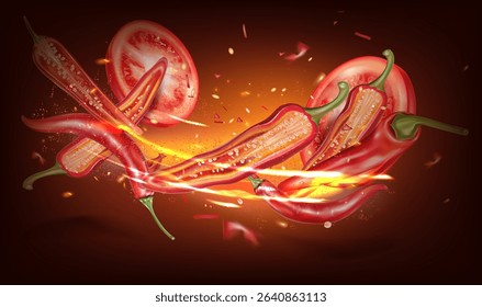Red hili splashing elements ads isolated on solid color background, Vector realistic in 3D illustration.