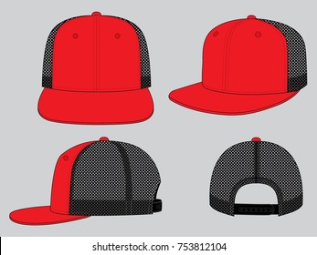 Red hip hop cap with mesh black at side and back panels, adjustable snap back closure strap template on white background, vector file.