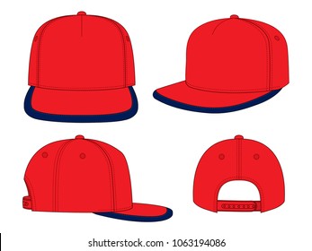 Red Hip Hop Cap With Navy Blue Edging Brim Cap With Snap Back Strap Desihn on White Background.