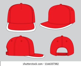 Red Hip Hop Cap With White Edging Brim Cap and Adjustable Snap Back Closure Strap Design on Gray Background, Vector File.