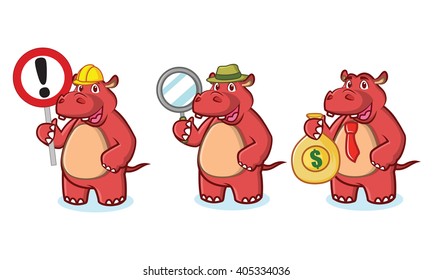 Red Hippo Mascot with money, sign and magnifying