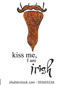 Red hipster beard, fashion  illustration.Vector hand lettering phrase kiss me, i am irish