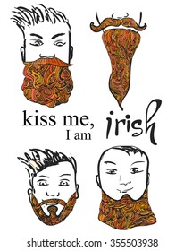 Red hipster beards, fashion  illustration set.Vector hand lettering phrase kiss me, i am red