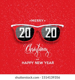 Red hipster glasses on snowfall background. 2020 Happy New Year and Merry Christmas. Vector illustration.