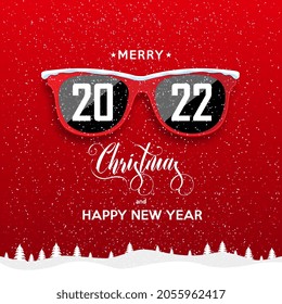 Red hipster glasses on snowfall background. 2022 Happy New Year and Merry Christmas landscape. Vector illustration.