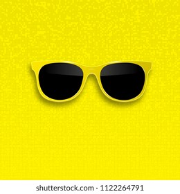 Red hipster sunglasses with dark glass. Vector illustration on the red halftone dots background.