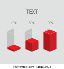 Red histogram glass bars. 10% 50% 100% numbers & text. Flat design illustration inforchart infographic elements for app ui ux web banner button vector isolated on white background