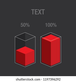 Red histogram glass bars. 50%, 100% number text. Flat design interface illustration inforchart infographic elements for app ui ux web banner button vector isolated on white background