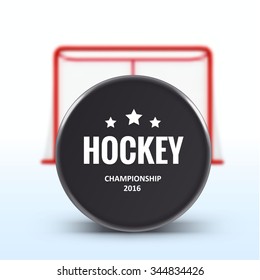 red hockey goal realistic design isolated on white with hockey puck