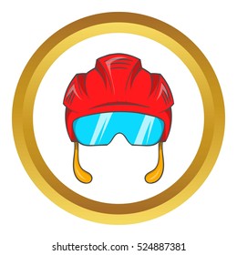 Red Hockey Helmet With Glass Visor Vector Icon In Golden Circle, Cartoon Style Isolated On White Background