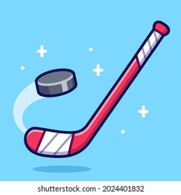 Red hockey stick hitting hockey puck, simple flat cartoon style. Winter sports vector clip art illustration.