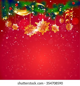 Red holiday background. Christmas tree with place for text. Hot festive design for card, banner,ticket, leaflet and so on.