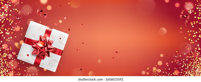 Red holiday background with gift boxes, red ribbon, decoration, sparkles, confetti, bokeh. Happy Birthday, Valentines day, Women's day, Merry Christmas card. Vector Illustration, realistic vector