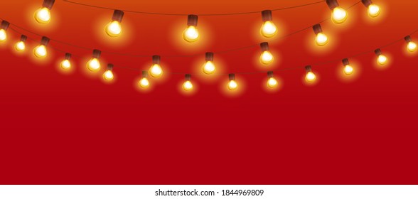 Red holiday background. Shining light bulb garland, vector decoration. String of golden Christmas lights. Illuminated border, frame. For wedding or birthday cards, New Year banners, party posters.