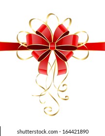 Red holiday bow with golden tinsel isolated on white background, illustration.