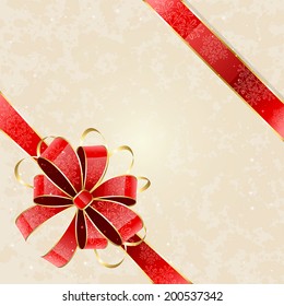 Red holiday bow with snowflakes on grunge  background, illustration.