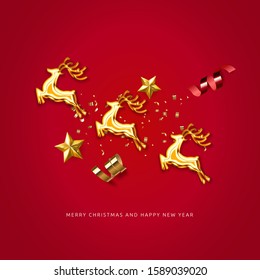 Red holiday celebration background with Silhouette of Christmas reindeer harness and Santa Claus. Merry Christmas and Happy New Year creative luxury  minimalism template design. Vector illustration