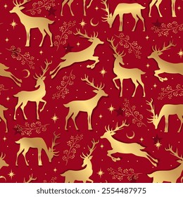 Red holiday Christmas pattern pattern. Seamless background with deers, stars, herbs. Celebration design for paper, cover, fabric, interior decor.