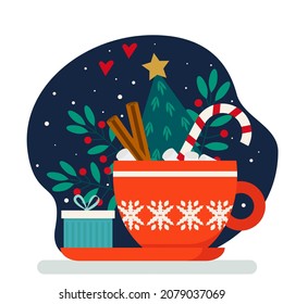 Red holiday cup with hot drink, marshmallow, candy and cinnamon. Flat vector illustration.