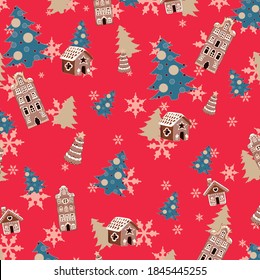 Red holiday pattern background wit hgingerbread houses and Christmas tree
