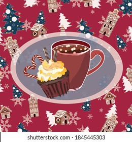 Red holiday pattern card with cappuccino and chocolate muffin