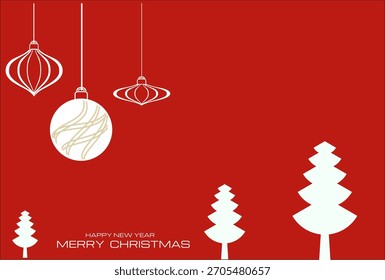 A red holiday scene featuring hanging ornaments and stylized white Christmas trees with minimalist shapes.