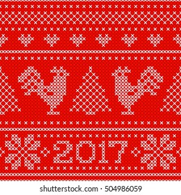 Red Holiday seamless pattern with cross stitch embroidered roosters and text 2017. Christmas scheme design. Cocks - symbol of New Year 2017, xmas tree, heart and snowflake.