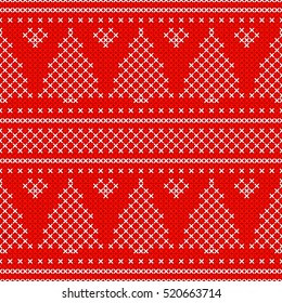 Red Holiday seamless pattern with cross stitch embroidered fir-tree. Christmas scheme endless design. Art vector illustration.