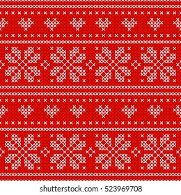 Red Holiday seamless pattern with cross stitch embroidered happy new year ornament (heart and snowflake). Christmas scheme endless design for package, web sites, textile. Art vector illustration.