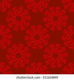Red holiday seamless vector background, festive texture with Christmas wreaths, colorful Xmas pattern for cards, wrapping paper, advertisement, page fill, book covers etc.