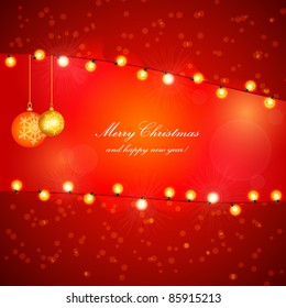 Red Holiday Xmas Vector Design with Frame. Christmas balls and lamp festive garland.