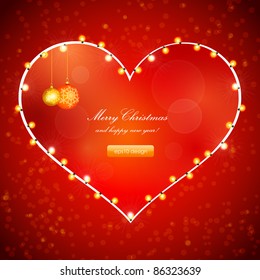 Red Holiday Xmas Vektordesign mit Frame of Heart. Weihnachtsbälle und Lampenfestgarten.