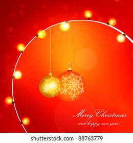 Red Holiday Xmas Vector Design with Frame. Christmas balls and lamp festive garland.