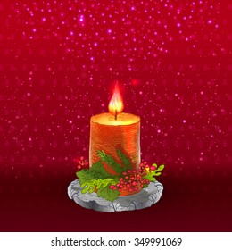 Red holidays background with lit candle. Vector decorative hight quality illustration. Fire and candle for holidays design. Lighting effect, magic decoration.