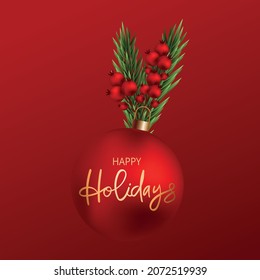Banner de vacaciones rojas con ramas de pino, bolas, juguetes, bayas para el diseño decorativo. Cartel de Navidad, afiche, tarjeta. Banner dorado de la web. Concepto de plantilla de tarjetas de invitación para vacaciones felices.