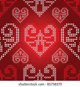Red Holidays ornament pattern with valentine hearts, vector.
